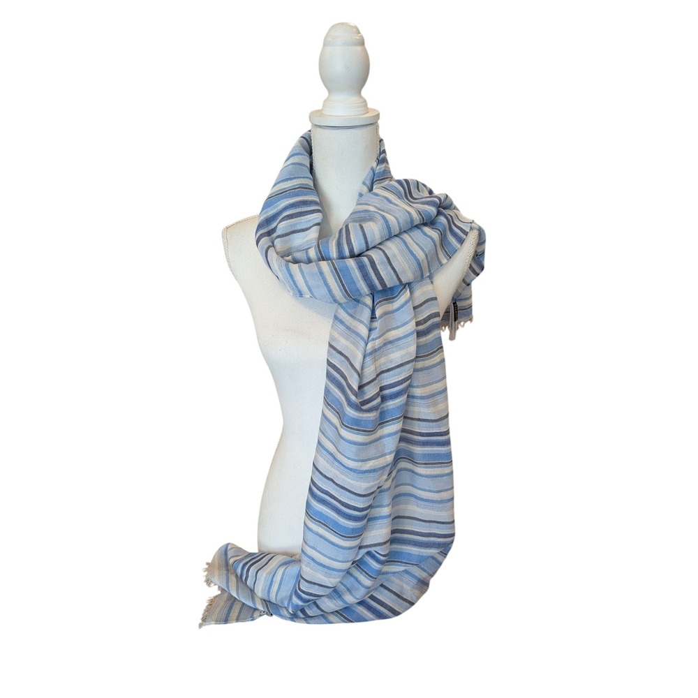 Talbots Blue Striped Scarf Metallic Shimmer Rayon Cotton Blend Fringe
